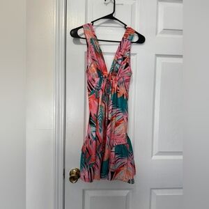 Tropical V-Neck Sleeveless Summer Dress - Pink & Teal